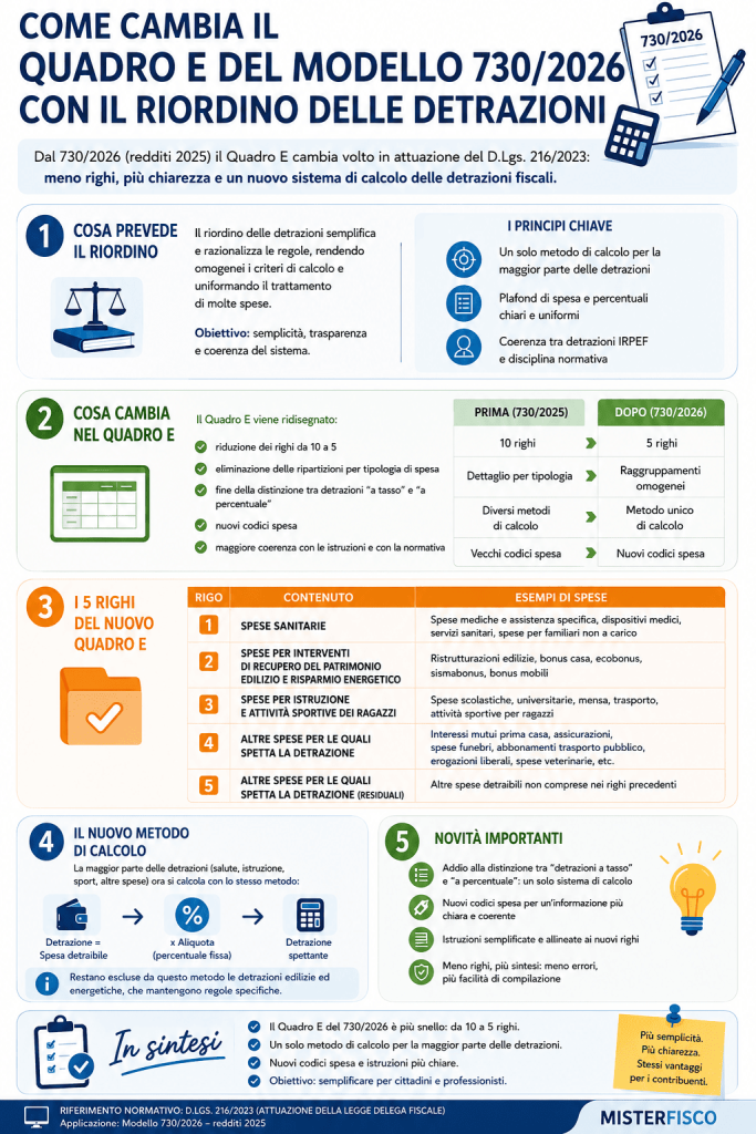 Come cambia il quadro E del modello 7302026 con il riordino delle detrazioni - infografica