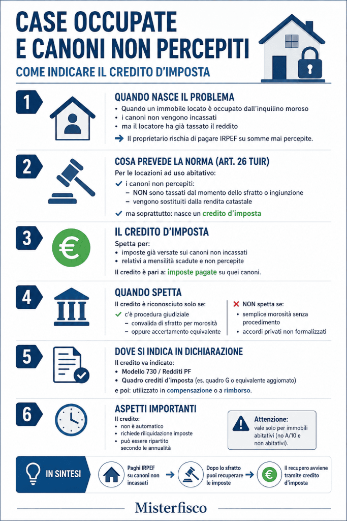 Case occupate e canoni di locazione non percepiti come indicare il credito d’imposta - infografica