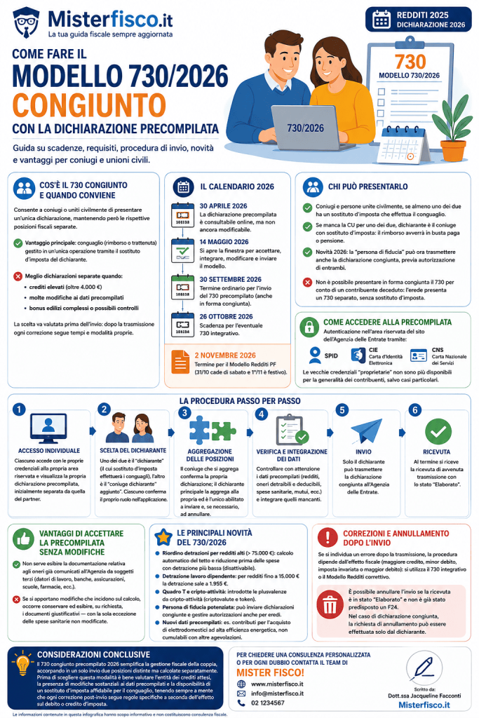 Come fare il Modello 730 /2026 congiunto con la dichiarazione precompilata - infografica