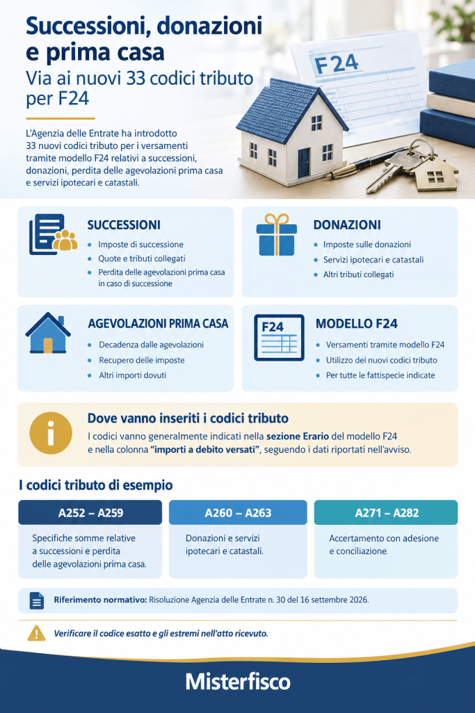 Successioni, donazioni e prima casa via ai nuovi 33 codici tributo per F24 - infografica